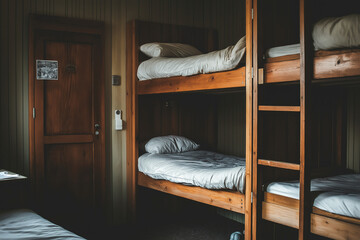 Shared bunk bed dormitory room for hostel accommodation. Concept Budget Travel, Hostel Life, Shared Accommodation, Backpacking Tips, Travel Accommodation