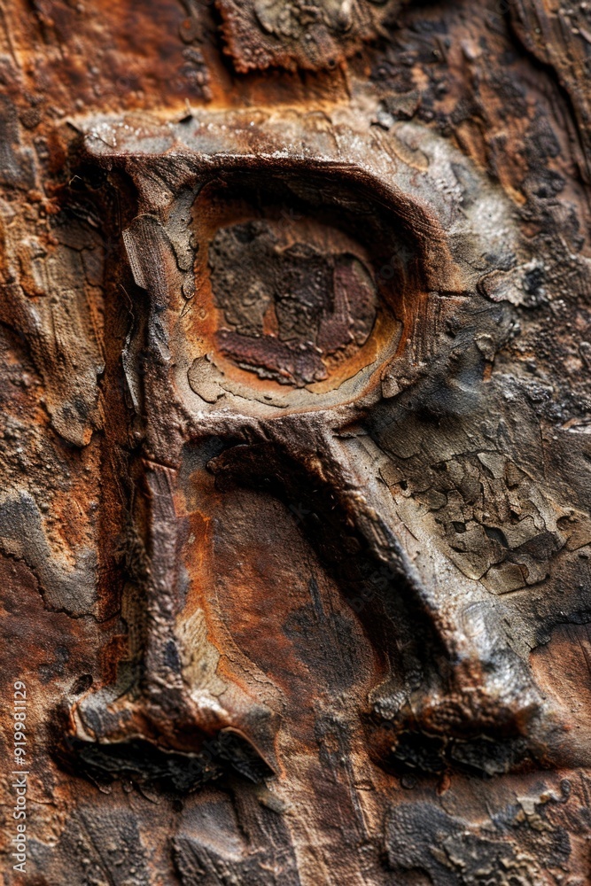 Poster close-up of a tree trunk with the letter r carved into it, suitable for designs and illustrations