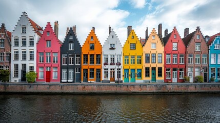 Obraz premium Colorful historic buildings along the canal in Bruges, Belgium during a cloudy day