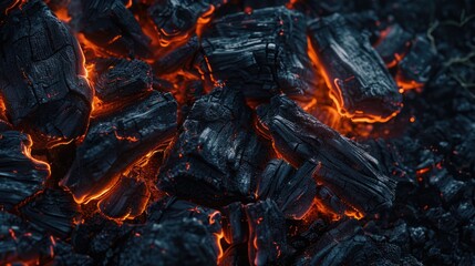 A close-up view of a pile of charcoal, often used for outdoor cooking and BBQs