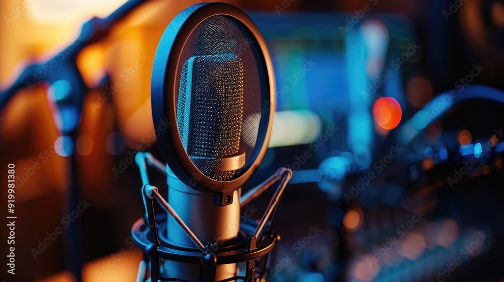 Poster Microphone and computer setup in a recording studio environment