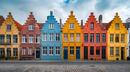 Obraz premium Colorful historic houses in Bruges, Belgium on an overcast day