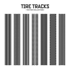 Tire tracks, wheel braking marks. Truck, car or motorcycle tread pattern silhouettes. Auto race, motorsport, speed racing design element. Vector illustration