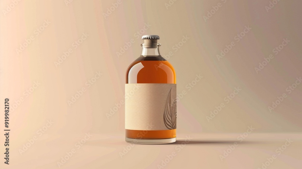 Poster a close-up view of an alcohol bottle with a label, suitable for use in product photography or advert
