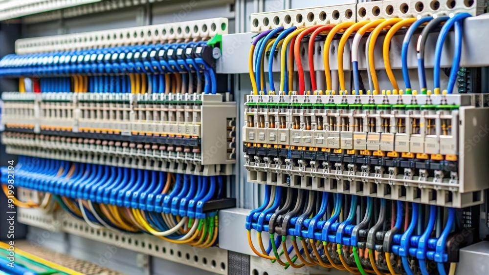 Poster Close-up of wires being connected to a programmable logic controller (PLC), technology, automation