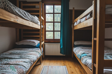 Shared bunk bed dormitory room for hostel accommodation. Concept Budget Travel, Hostel Life, Shared Accommodation, Backpacking Tips, Travel Accommodation