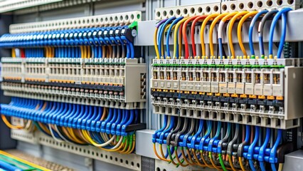 Close-up of wires being connected to a programmable logic controller (PLC), technology, automation