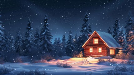 Fototapeta premium Cozy cabin illuminated by warm lights in a snowy forest during a winter night