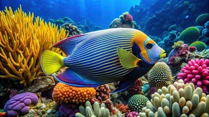 Obraz premium Emperor angelfish swimming around coral reef in Andaman Sea, Thailand , scuba dive, explore