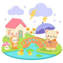 Obraz premium Kawaii Animals in a Rainy Day Park with Umbrella and Bridge.Cute Kawaii Bunny and Bear with Umbrella in a Rainy Landscape.Adorable Kawaii Scene with Animals, Bridge, and Rainy Weather.