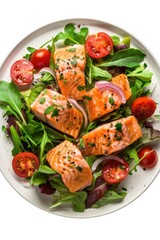 Fresh salmon fillet served with steamed vegetables on a white plate, perfect for a healthy meal or food presentation