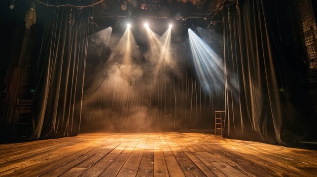 Theater stage illuminated by soft spotlights with hazy atmosphere before a performance