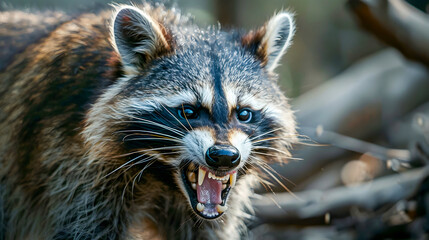 Captivating close up portrait of a fierce  aggressive raccoon baring its teeth and displaying a fierce  angry expression as if ready to attack  The raccoon s intense glare  sharp claws