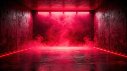 Empty room with a dark background, neon red light, concrete floor, and smoke , empty, scene, background, room, dark