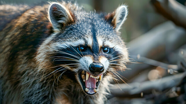 Captivating close up portrait of a fierce  aggressive raccoon baring its teeth and displaying a fierce  angry expression as if ready to attack  The raccoon s intense glare  sharp claws