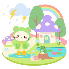 Cute Cat in Frog Hood with Mushroom House and Rainbow.Adorable Cat in Raincoat with Snail and Mushroom House.Kawaii Forest Scene with Cat, Frog, and Thunderstorm.