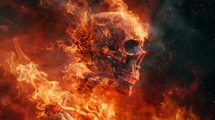 Fiery skull surrounded by flames at night suggesting an intense and dramatic atmosphere