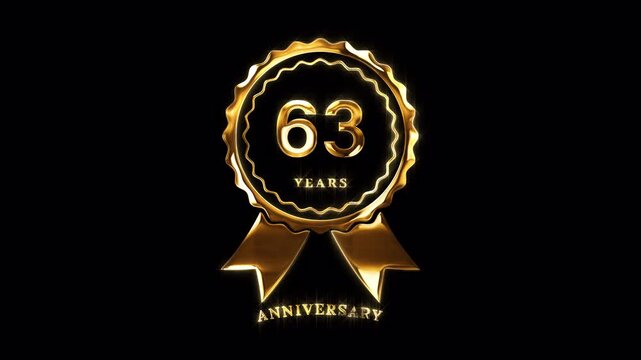 63rd Anniversary Celebration. Happy 63 Years Anniversary Animation in Gold Color on the Transparent Background, Alpha Channel. Great for greetings, celebrations, events, and gifts.