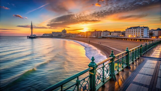 Brighton seafront at sunset viewed from pier, Brighton, seafront, pier, sunset, beach, promenade, coastal, horizon, evening