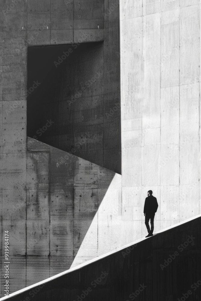 Poster A person standing in front of a modern concrete structure