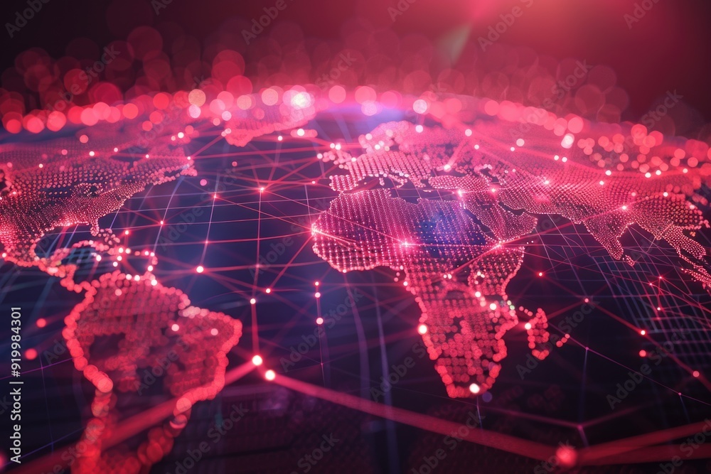 Poster A map of the world illuminated by red lights, perfect for highlighting global events or themes