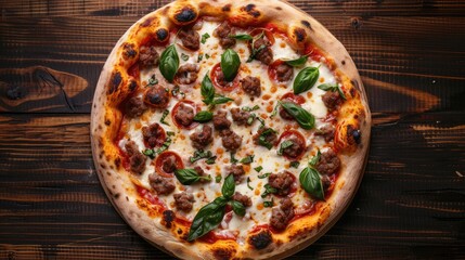 Pizza with meat, basil, and cheese on a dark background from above on a wooden table with space.