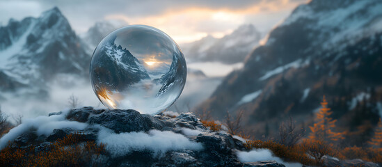 Lens / crystal / glass ball in an alpine snow landscape, high mountains in the background, mystical atmosphere. Landscape is reflected in the lens ball.