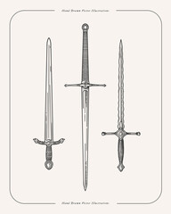 Set of knight swords with long blades in engraving style. Ancient medieval warrior weapons on a light background. Vintage vector illustration.