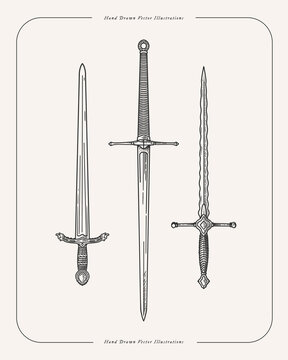 Set of knight swords with long blades in engraving style. Ancient medieval warrior weapons on a light background. Vintage vector illustration.