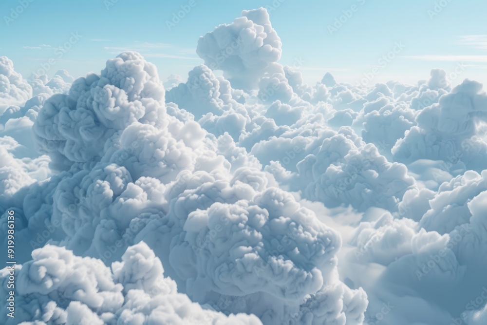 Poster a collection of fluffy clouds floating in the blue sky, great for backgrounds and atmospheric scenes