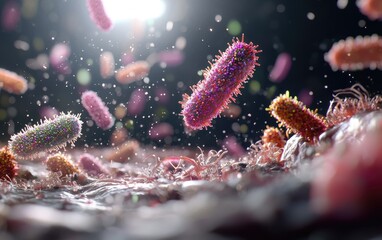 Naklejka premium Vivid microbiome, colorful bacteria in the human body, diversity of microorganisms that impact health, immunity, and various bodily functions in the intricate human ecosystem.