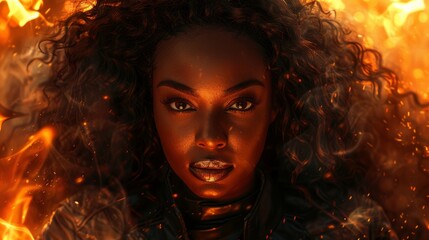 Woman with fiery backdrop exuding strength and intensity during a dramatic moment