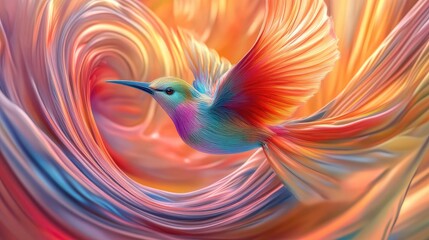 Obraz premium Stunning 3D bird with long, colorful feathers, surrounded by swirling, vibrant waves in dynamic hues