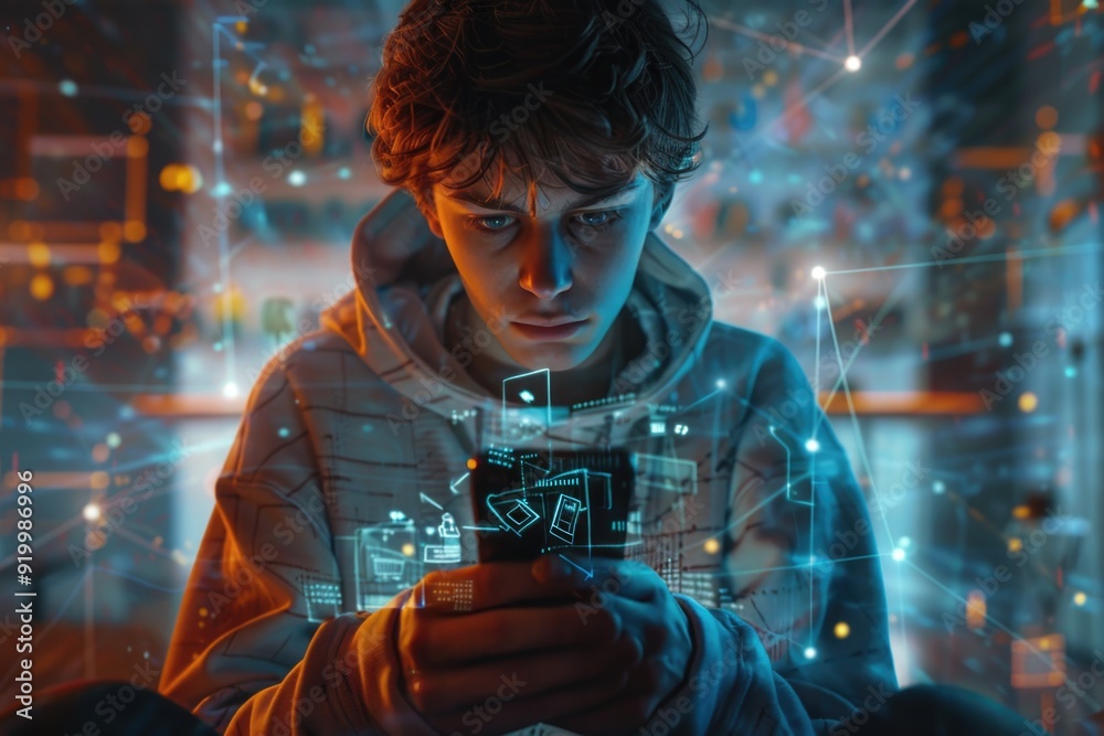 Poster a person using a smartphone, suitable for technology or lifestyle related uses