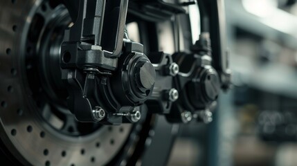Fototapeta premium A side angle of black brake calipers with the brake pads visible inside ready to apply pressure.