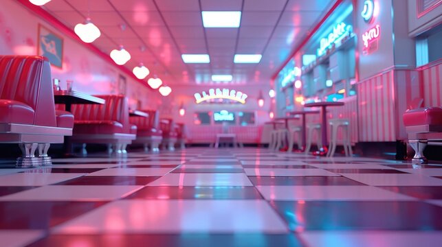 Retro diner interior, 1950s style, bright neon lighting