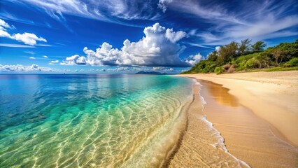 Obraz premium Sandy beach with crystal clear ocean views, beach, ocean, sand, waves, shore, coastline, tropical, paradise, relaxation, horizon