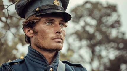 Young soldier in military uniform stands alert in wooded area during daytime