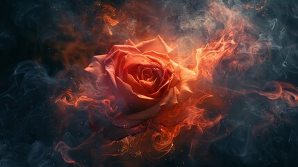 A fiery rose surrounded by dramatic smoke and vibrant colors at dusk