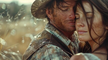 Couple embraces in a sunlit field with water droplets during a warm summer day