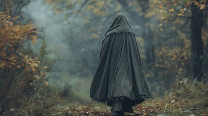 Mysterious cloaked figure walking through a foggy forest during autumn