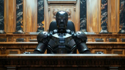 Fototapeta premium Robot judge presiding over a courtroom with wooden paneling and ornate decor