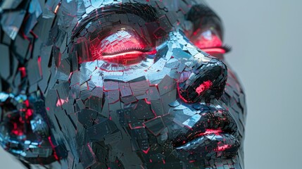 Modern art sculpture of a human face made from reflective shards with glowing features