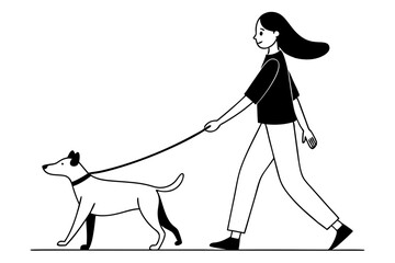 Woman Walking with Dog Elegant Line Art Vector Illustration