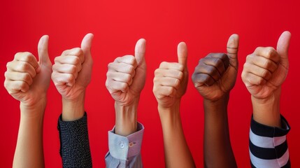 Group of diverse hands giving thumbs up against a bright red background