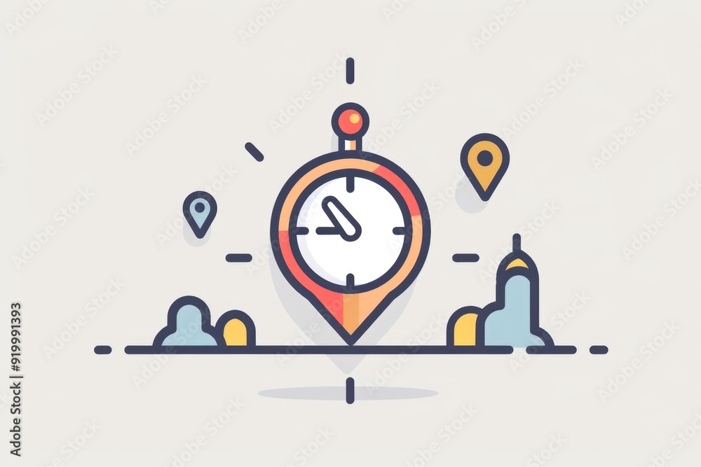 Poster A map marker with a clock icon on top, suitable for use in travel, navigation, or time management themes