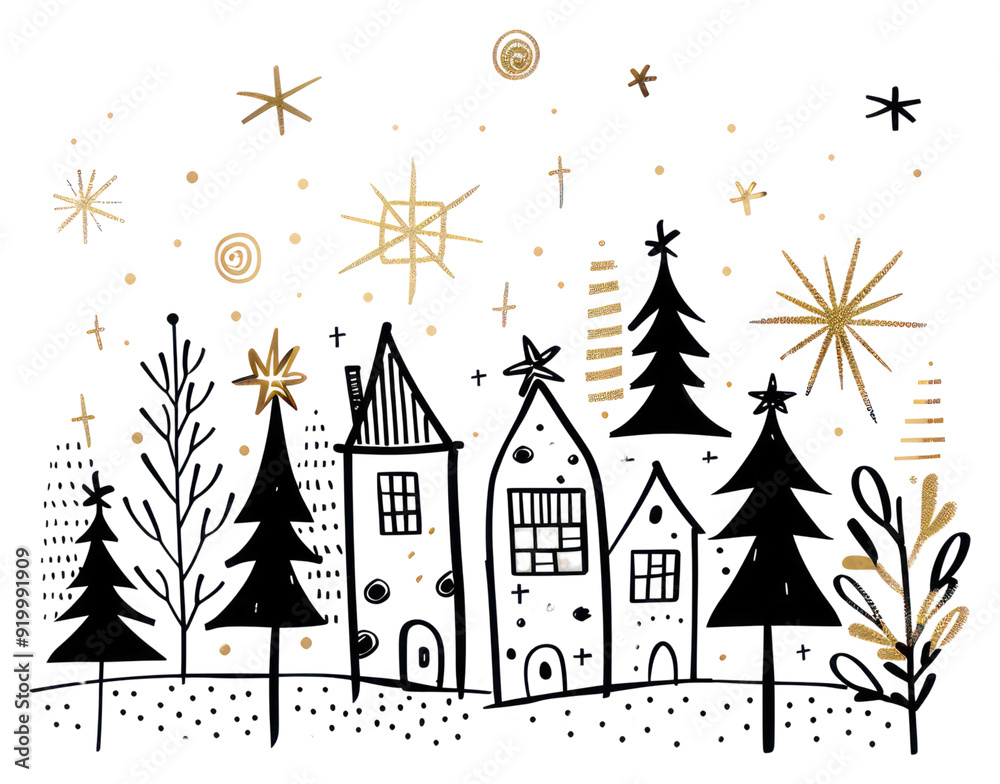 Wall mural png whimsical winter village illustration