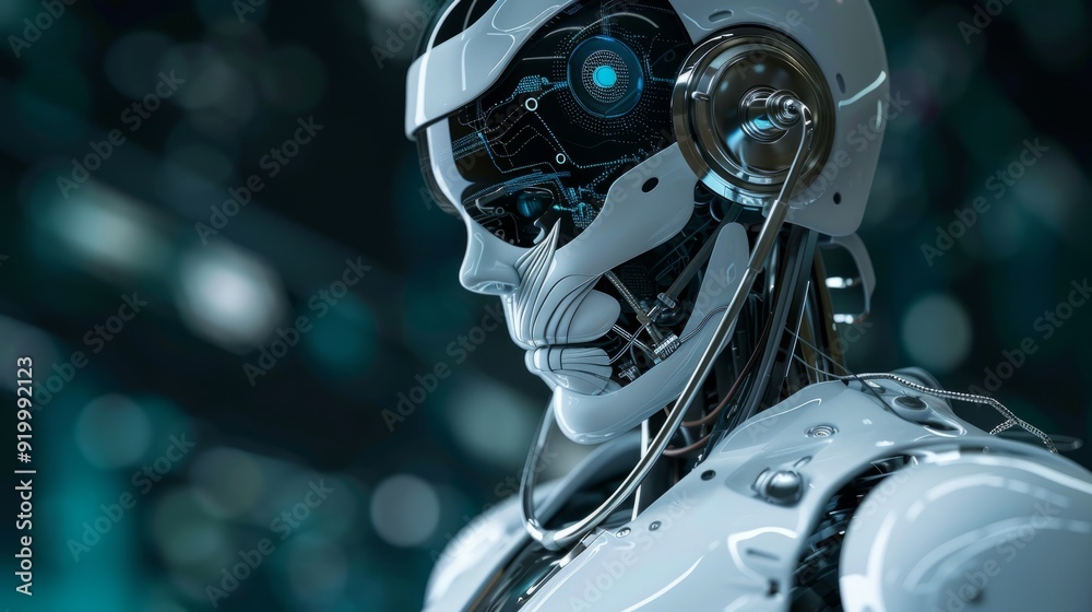 Poster futuristic humanoid robot with glowing circuits in a high-tech setting