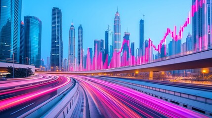 Fototapeta premium Dubai city skyline at night with stock market graph chart, business growth and investment.