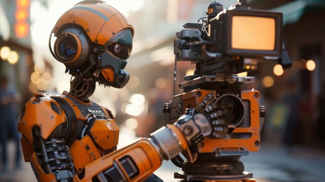 Robot filmmaker operates a camera in a vibrant city street during golden hour